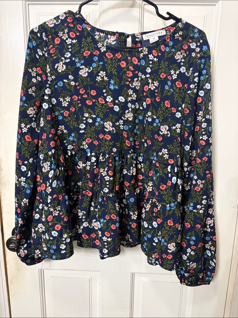 Love Riche Navy Floral Peplum Blouse with Red, Blue, White Flowers